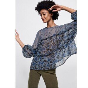 Zara Semi Sheer Blue Floral Ruffle Blouse - Relaxed Long Sleeve Top, XS